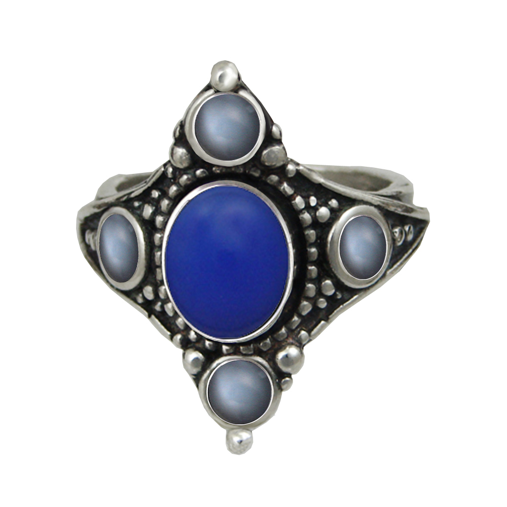 Sterling Silver Renaissance Queen's Ring With Blue Onyx And Grey Moonstone Size 10